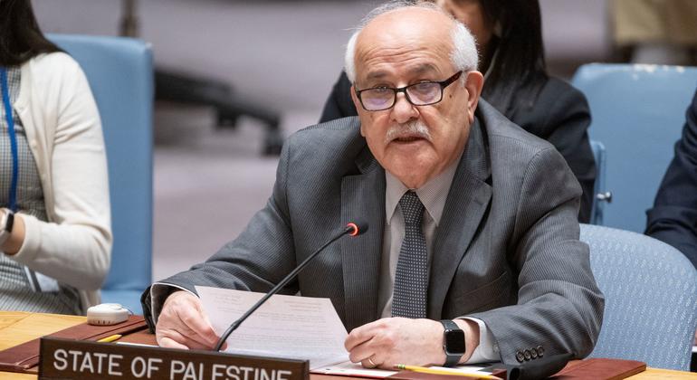 المراقب الدائم لفلسطين لدى الأمم المتحدة رياض منصور، يتحدث أمام مجلس الأمن الدولي.