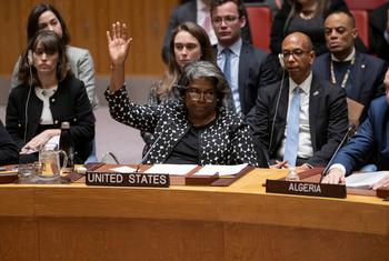 L'Ambassadrice Linda Thomas-Greenfield des États-Unis vote contre un projet de résolution lors d'une réunion du Conseil de sécurité de l'ONU sur la situation au Moyen-Orient, y compris la question palestinienne.