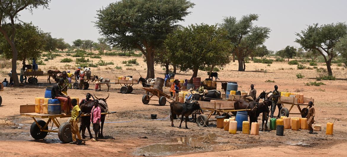 Children and women collect water in a village in southern Niger.