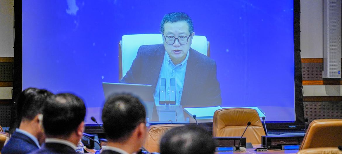Chinese Sci-fi author Liu Cixin talks to UN headquarters remotely to initiate the celebrations for Chinese Language Day. 