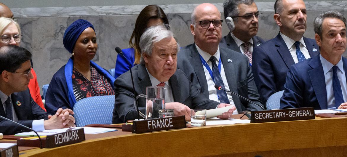 Secretary-General António Guterres (centre) addresses the UN Security Council meeting on strengthening maritime security through international cooperation for global stability under maintenance of international peace and security. Secretary-General António Guterres (centre) addresses the UN Security Council meeting on strengthening maritime security through international cooperation for global stability under maintenance of international peace and security.