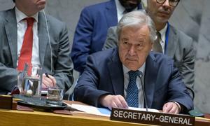 Secretary-General António Guterres at the Security Council meeting on the Israel-Iran crisis.