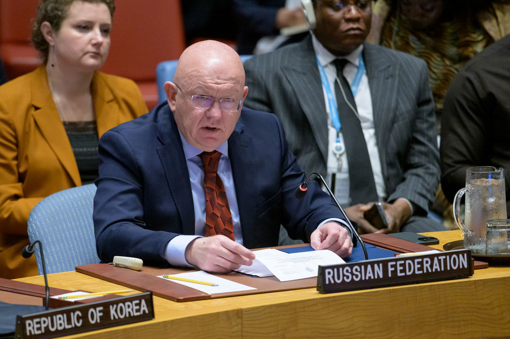 Делегат от Российской Федерации Василий Небензя выступает на заседании Совета Безопасности ООН .
