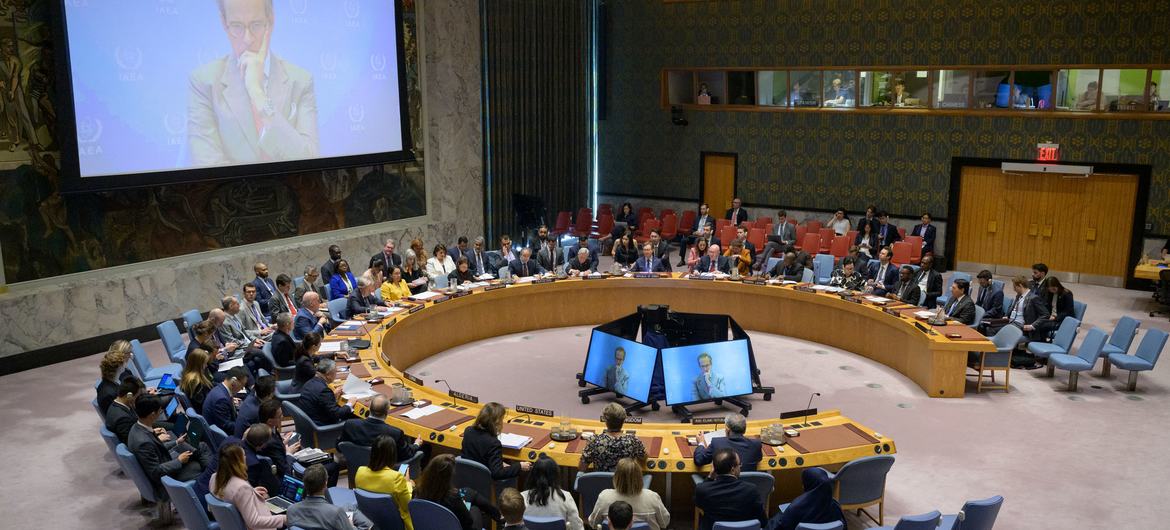 A wide view of the Security Council meeting on the Israel-Iran crisis. A wide view of the Security Council meeting on the Israel-Iran crisis.