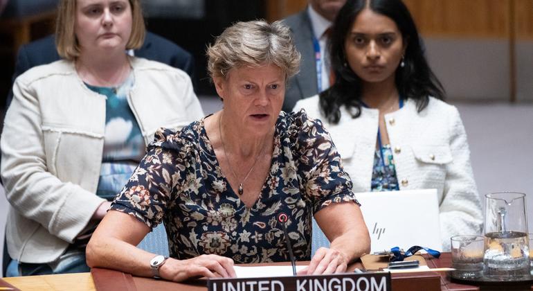 英国常驻联合国代表吴百纳在联合国安理会会议上就威胁国际和平与安全的议题发表讲话。