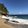 Una playa de arena con olas rompiendo contra las rocas al pie de un acantilado verde bajo un cielo azul despejado.