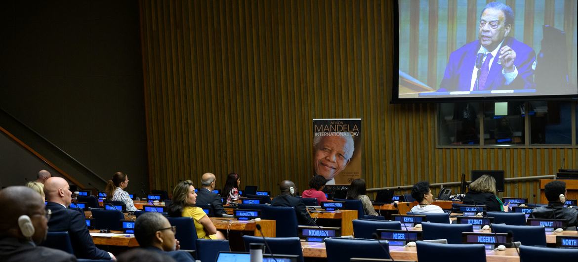 Former US Ambassador Andrew Young (on screen), American politician and activist, speaks at the annual ceremony to commemorate the life and legacy Nelson Mandela.