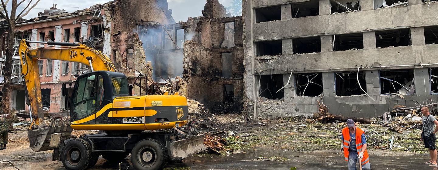 A clean-up operation is underway following an attack on the city centre of Mykolaiv, Ukraine, on 20 July.