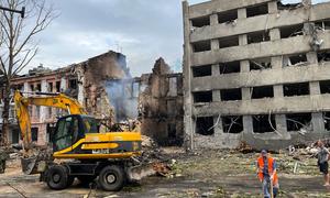 A clean-up operation is underway following an attack on the city centre of Mykolaiv, Ukraine, on 20 July.