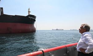In Istanbul, UN Secretary-General António Guterres observes the WFP ship SSI Invincible 2, headed to Ukraine to pick up the largest cargo of grain yet exported under the Black Sea Grain Initiative.