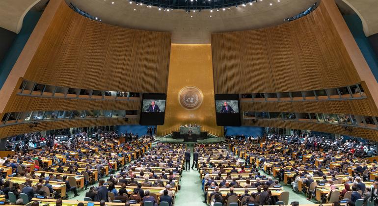 यूएन प्रमुख एंतोनियो गुटेरेश, यूएन महासभा के 77वें सत्र की जनरल डिबेट को सम्बोधित करते हुए, 20 सितम्बर 2022