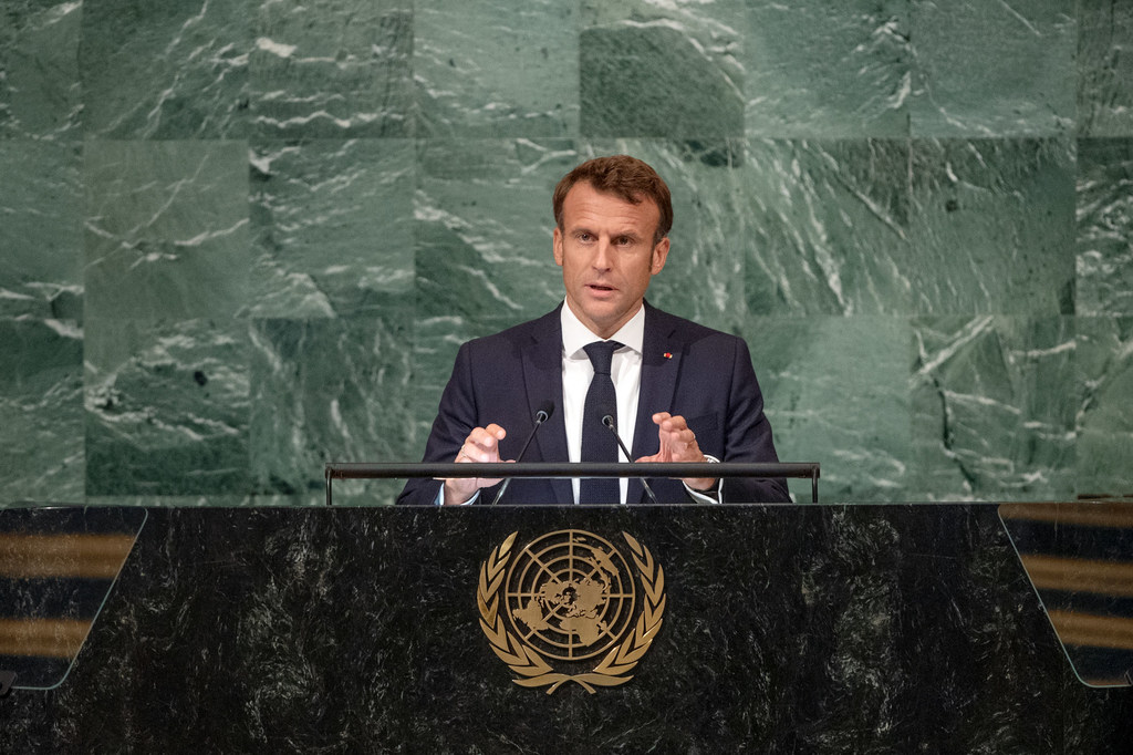 Emmanuel Macron, Presidente da República Francesa, discursa no debate geral da septuagésima sétima sessão da Assembleia Geral, na sede das Nações Unidas , em Nova Iorque.
