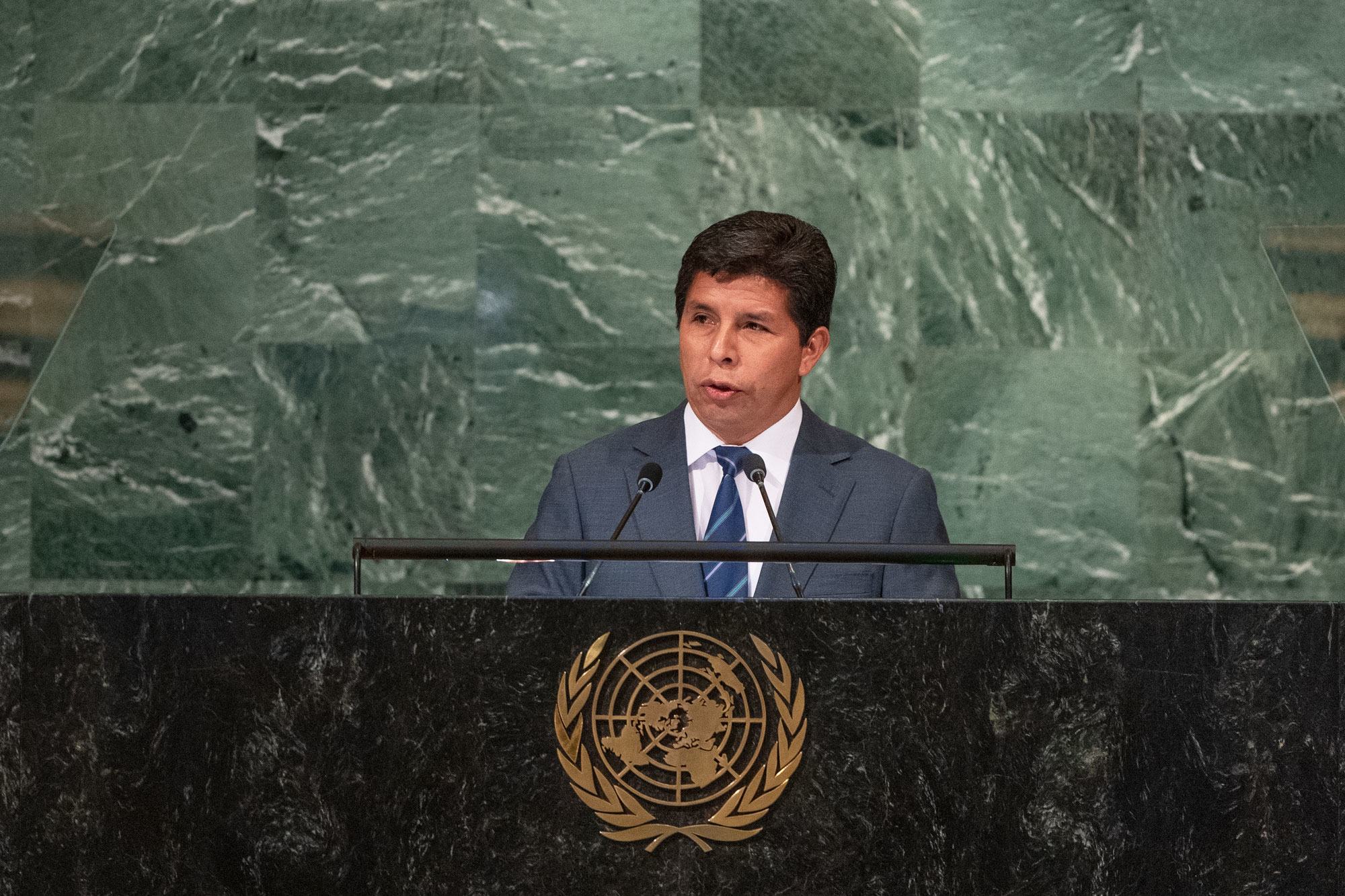 2022年9月，时任秘鲁总统卡斯蒂略在联大第77届会议一般性辩论上发言。