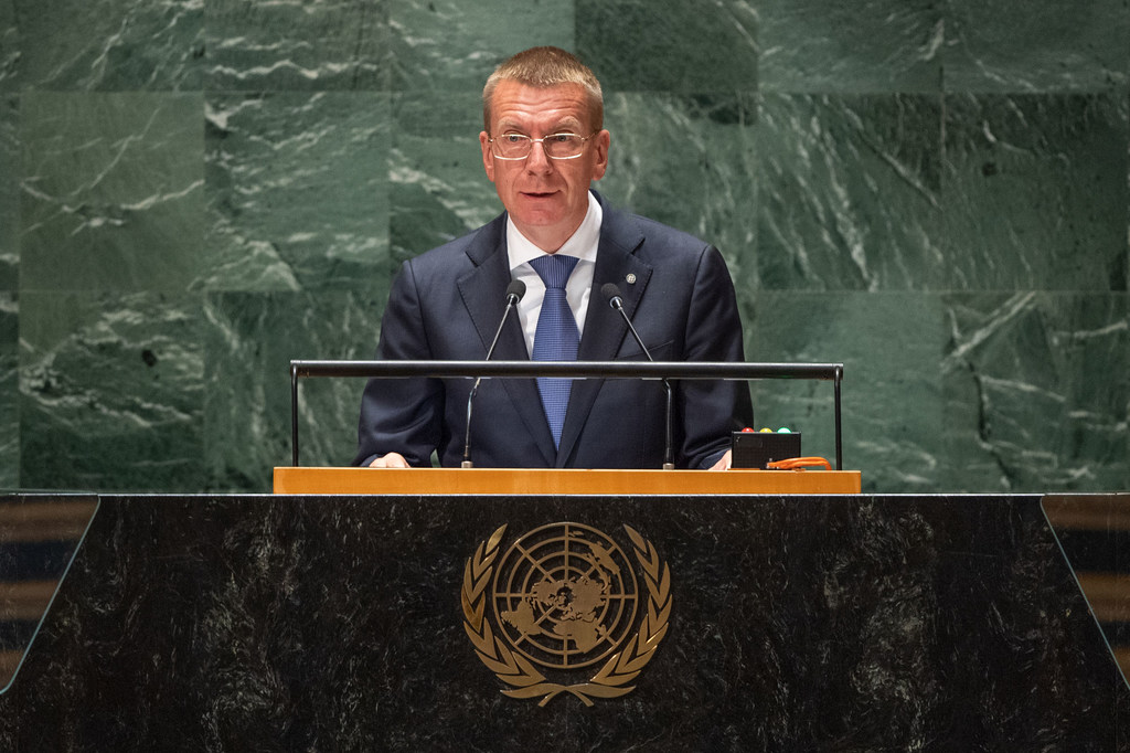 Президент Латвии Эдгарс Ринкевичс выступает на общеполитических дебатах Генассамблеи ООН.
