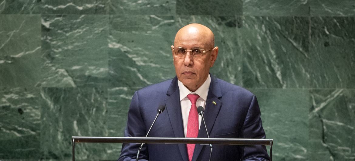 الرئيس الموريتاني محمد ولد الشيخ الغزواني متحدثا في المناقشة العامة للجمعية العامة للأمم المتحدة في دورتها الثامنة والسبعين.