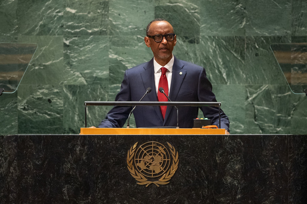 Rais Paul Kagame wa Rwanda akihutubia mjadala mkuu wa kikao cha 78 cha Baraza Kuu.