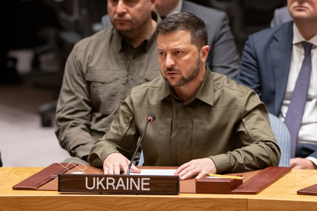 Volodymyr Zelensky, Président de l'Ukraine, devant le Conseil de sécurité.