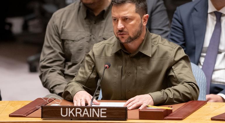 Volodymyr Zelenskyy, presidente de Ucrania, se dirige al Consejo de Seguridad.
