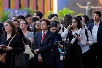Participants wait outside the General Assembly Hall at UN Headquarters during the first Summit of the Future Action Day.