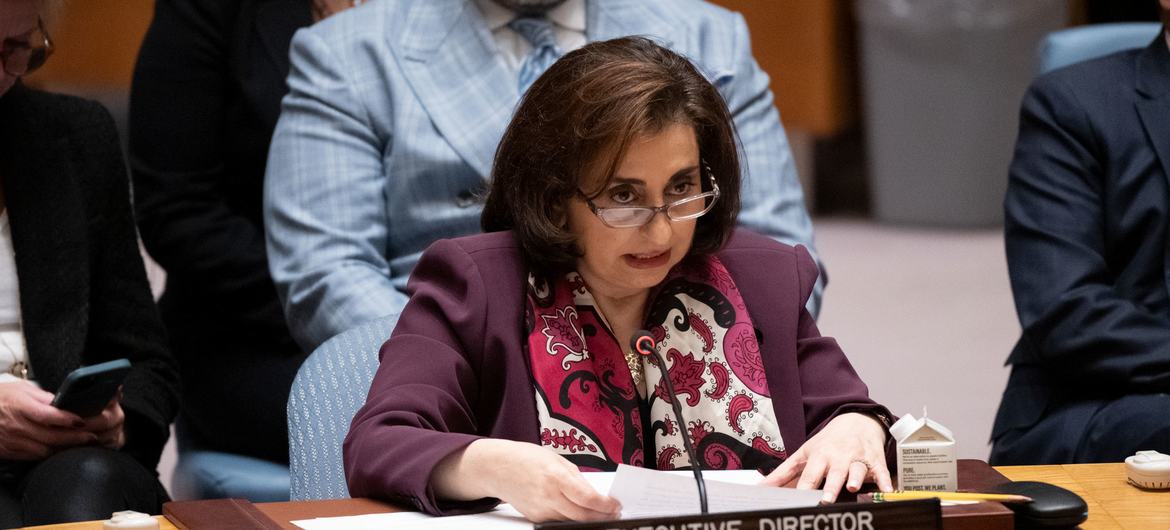 Sima Bahous, Directrice exécutive d'ONU Femmes, devant le Conseil de sécurité.