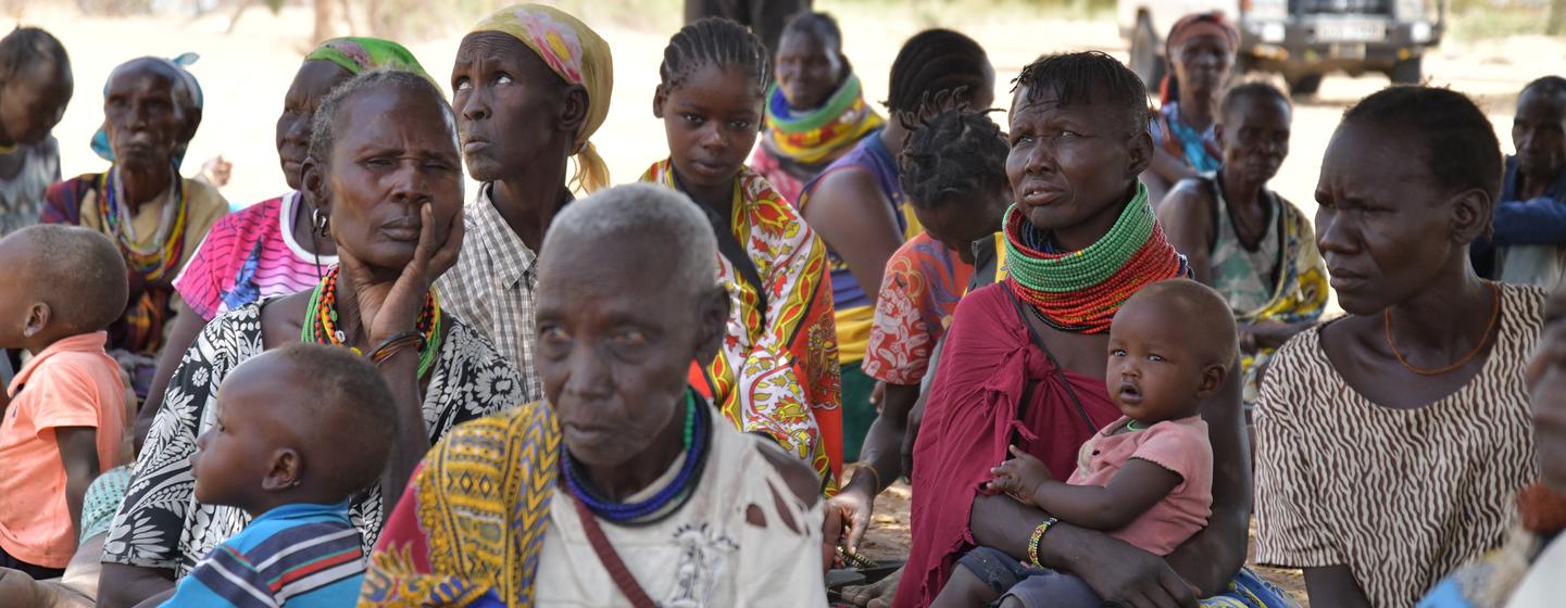 Women attend a UNFPA-supported integrated community health outreach session on prevention and response to gender-based violence. Lokapararai village, Turkana county, Kenya.