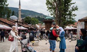 People walk through the streets of Sarajevo, Bosnia and Herzegovina. (file)