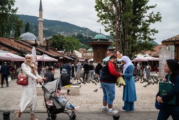 People walk through the streets of Sarajevo, Bosnia and Herzegovina. (file)