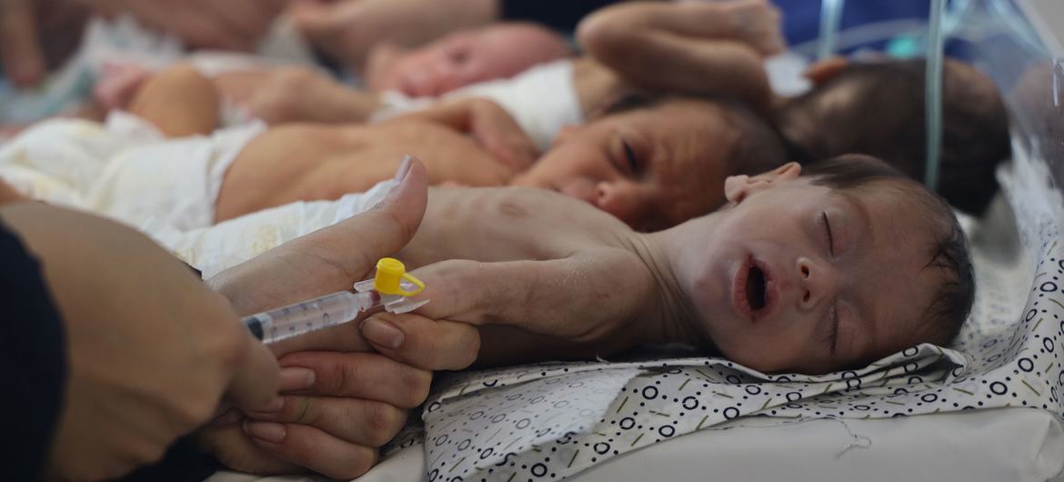 Bebés son preparados para su evacuación del hospital Al-Shifa, en la ciudad de Gaza (foto de archivo).