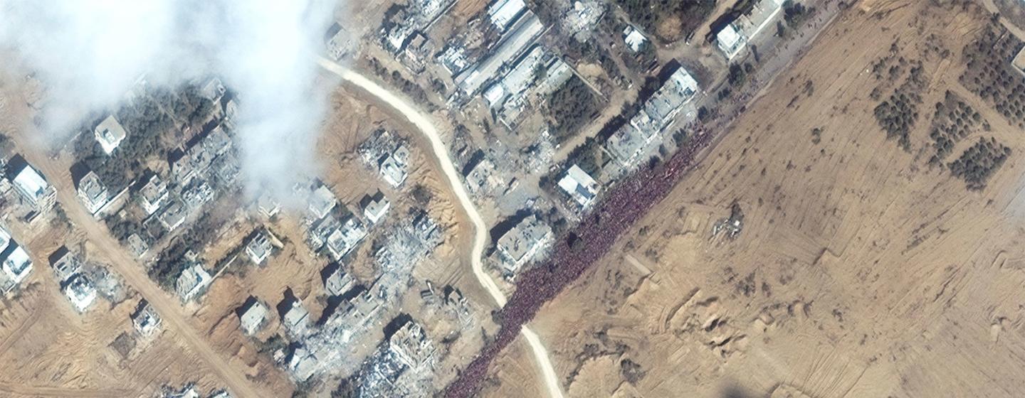 卫星图像显示，一大群流离失所的加沙人往南撤离。