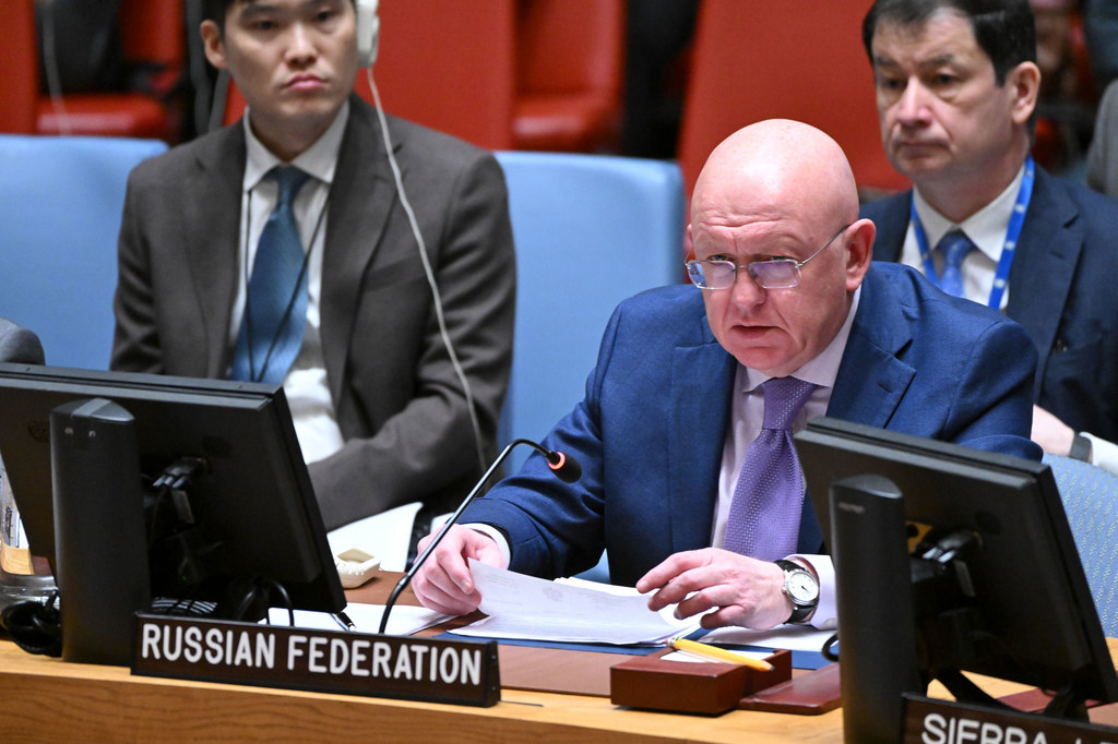 俄罗斯联邦大使瓦西里·涅边贾在联合国安理会会议上就中东局势发表讲话。