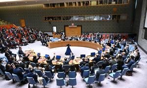 A wide view of the UN Security Council as members vote on a draft resolution during the meeting on the situation in the Middle East, including the Palestinian question.