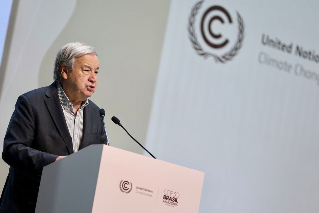 El Secretario Genearl de la ONU, António Guterres, durante una rueda de prensa en Belem (Brasil)