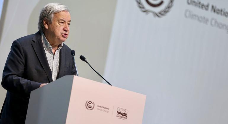 El Secretario Genearl de la ONU, António Guterres, durante una rueda de prensa en Belem (Brasil)