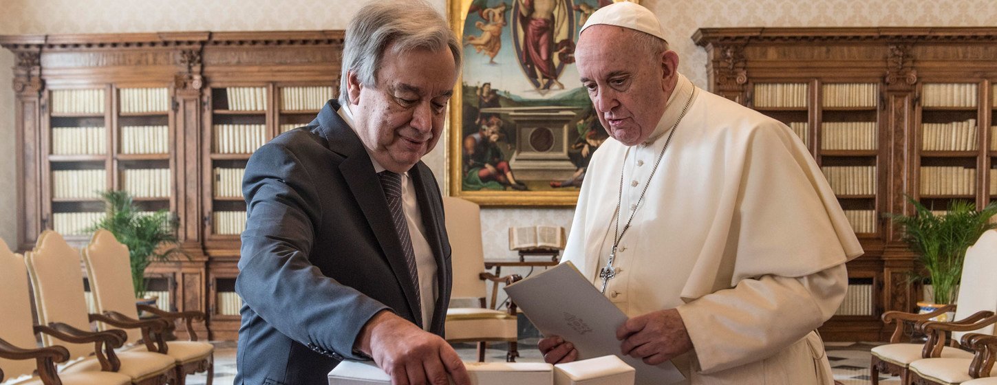 Secretary-General António Guterres (right) has an audience with Pope Francis at the Vatican in Rome.