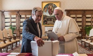 Secretary-General António Guterres (right) has an audience with Pope Francis at the Vatican in Rome.