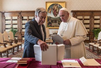 Secretary-General António Guterres (right) has an audience with Pope Francis at the Vatican in Rome.