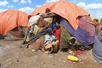 सोमालिया के बैदोआ में एक विस्थापित व्यक्ति शिविर में अपने अस्थायी आश्रय के बाहर एक माँ और उसके बच्चे.