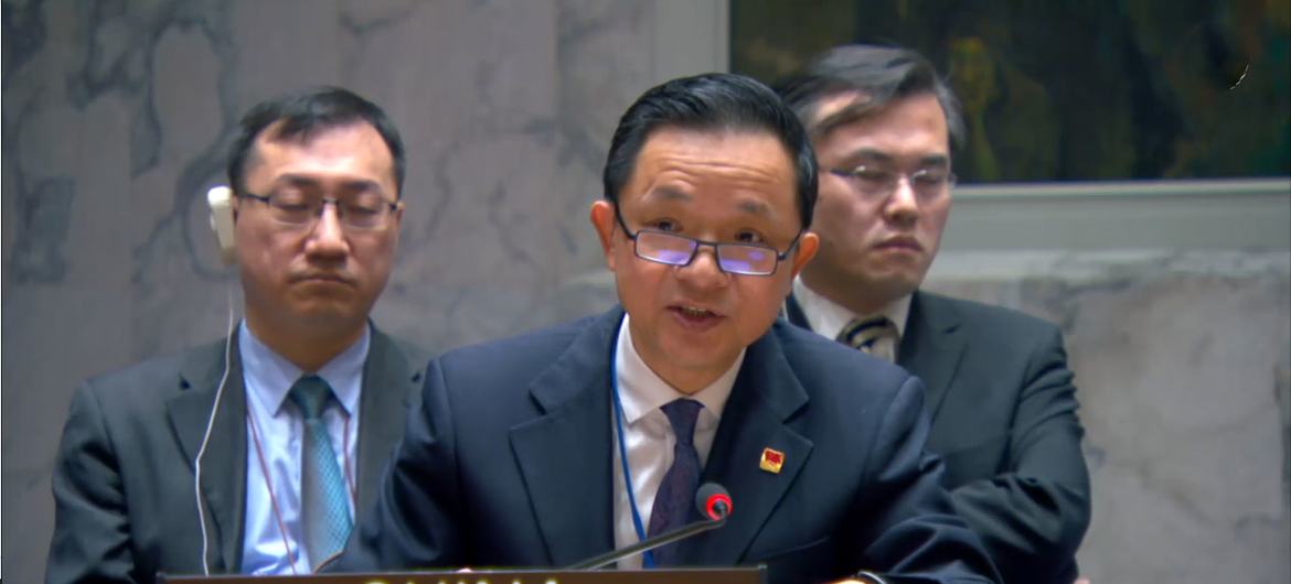 Ambassador and Deputy Permanent Representative Dai Bing of China addresses the UN Security Council meeting on the situation in the Middle East, including the Palestinian question.