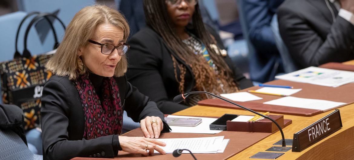 Deputy Permanent Representative Nathalie Broadhurst of France addresses the UN Security Council meeting on the situation in the Middle East, including the Palestinian question.