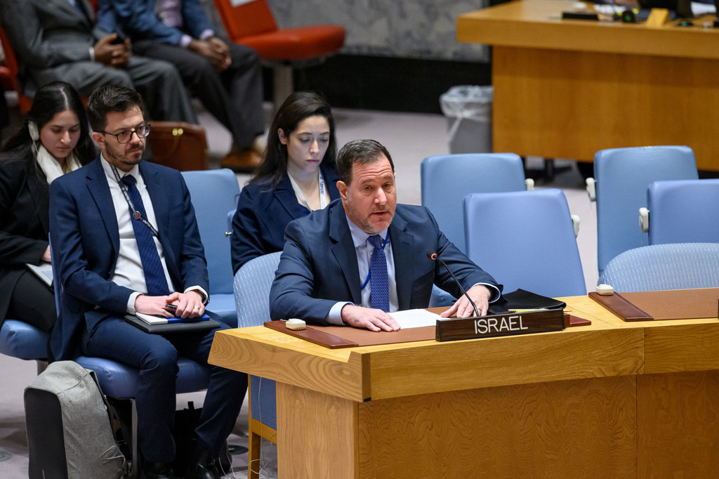 Brett Jonathan Miller, Deputy Permanent Representative of Israel to the United Nations, addresses the Security Council meeting at the UN Headquarters in New York.