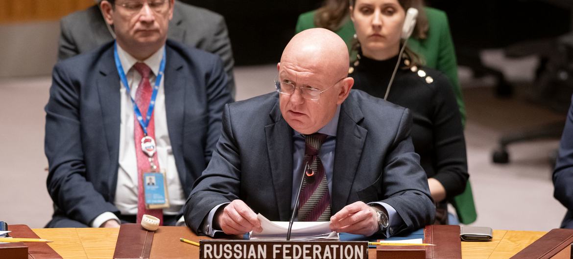 El embajador de la Federación Rusa, Vassily Nebenzia, interviene en la reunión del Consejo de Seguridad de la ONU sobre la situación en Oriente Medio, incluida la cuestión palestina.