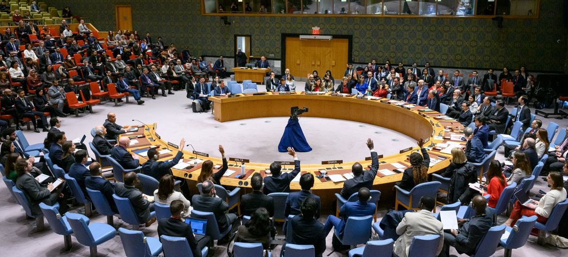 A view of the UN Security Council as members vote in favour of the draft resolution on the situation in the Middle East on 22 December 2023.
