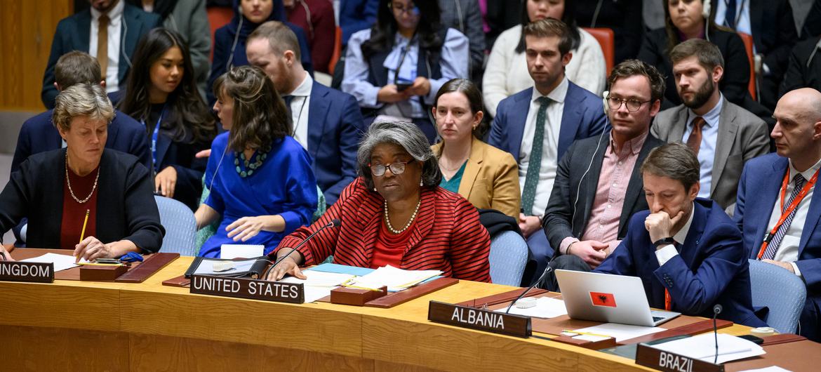 La embajadora estadounidense Linda Thomas-Greenfield interviene en la reunión del Consejo de Seguridad de la ONU sobre la situación en Oriente Medio, incluida la cuestión palestina.