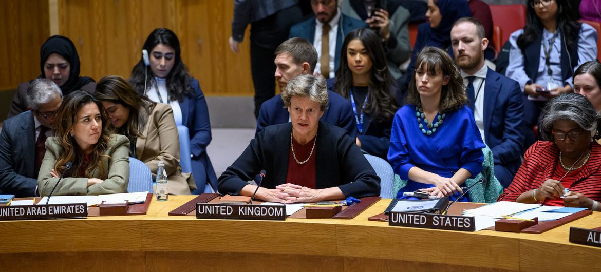 Ambassador Barbara Woodward of the United Kingdom addresses the UN Security Council meeting on the situation in the Middle East, including the Palestinian question.