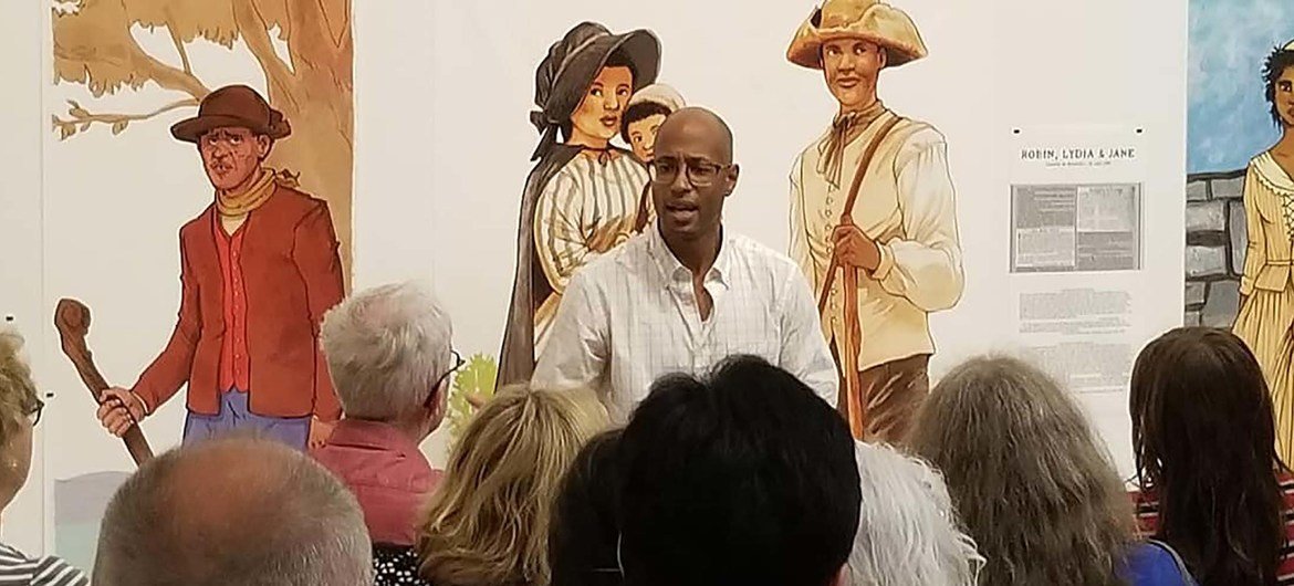 Webster, a hip-hop artist from Canada, speaks at an exhibition on runaway slaves at the Musée national des beaux-arts in Quebec (file).