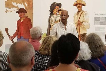 Webster, a hip-hop artist from Canada, speaks at an exhibition on runaway slaves at the Musée national des beaux-arts in Quebec (file).
