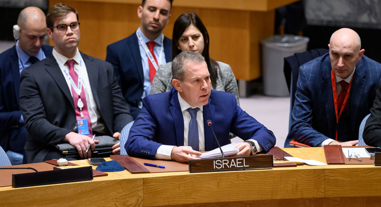 Gilad Erdan, Wakil Tetap Israel untuk PBB, berpidato di pertemuan Dewan Keamanan tentang situasi di Timur Tengah, termasuk masalah Palestina.