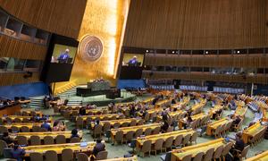A wide view of the 45th plenary meeting of the General Assembly on the Question of Palestine. On the screens are Philemon Yang, President of the seventy-ninth session of the United Nations General Assembly