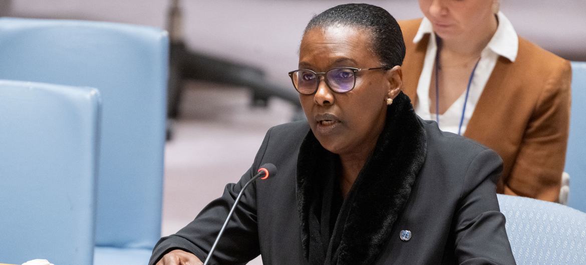 Valentine Rugwabiza, Représentante spéciale du Secrétaire général pour la République centrafricaine et chef de la MINUSCA, s'adresse à la réunion du Conseil de sécurité sur la situation dans le pays.