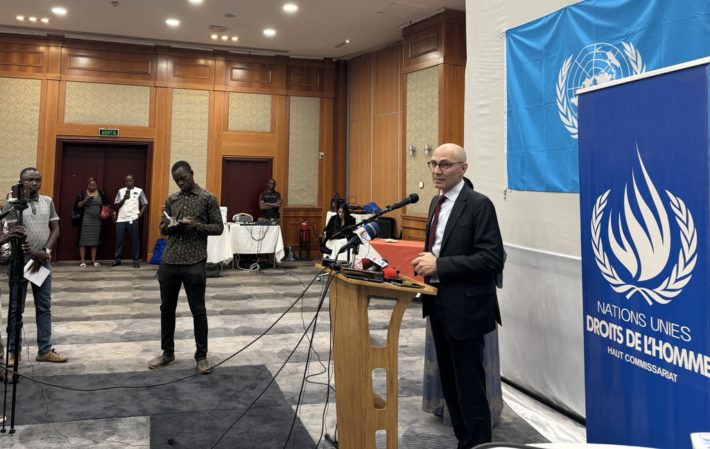 The UN Human Rights Chief Volker Türk addresses the media at the end of his visit to Burkina Faso.